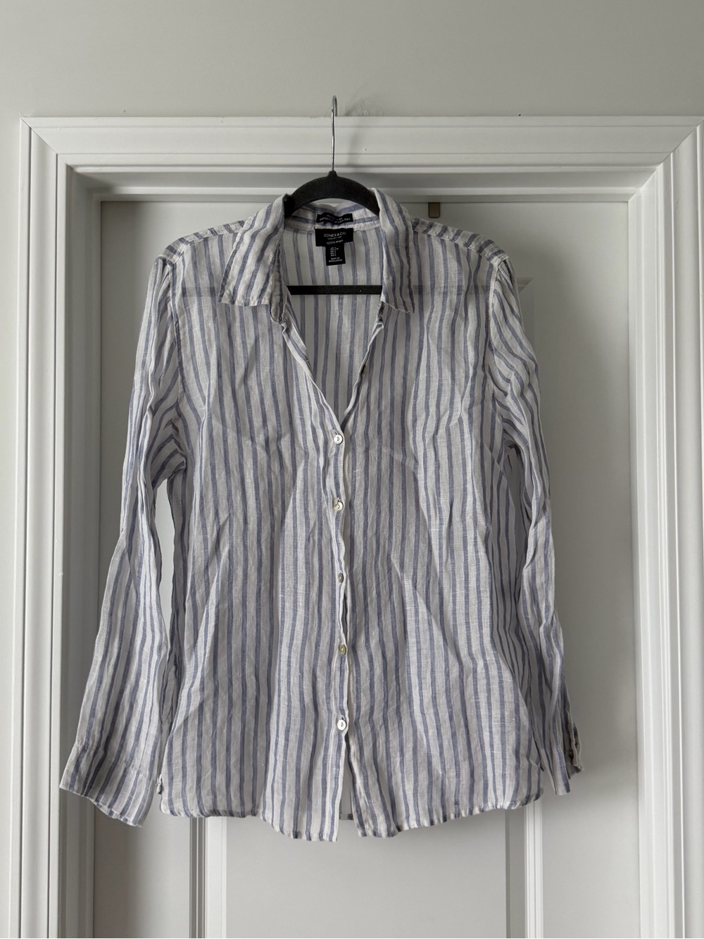 Jones & Co white + blue striped linen button down shirt